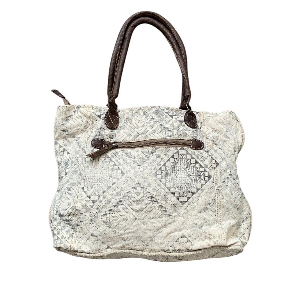 Myra Bag cream black tote bag geometric aztek bohemian purse cotton leather - Picture 2 of 12